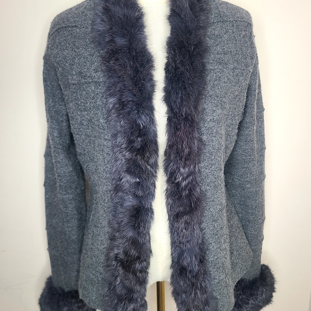Lafayette 148 NY Small Gray 100% Wool‎ Rabbit Fur Collar Cuffs Cardigan Coquette - Picture 3 of 7